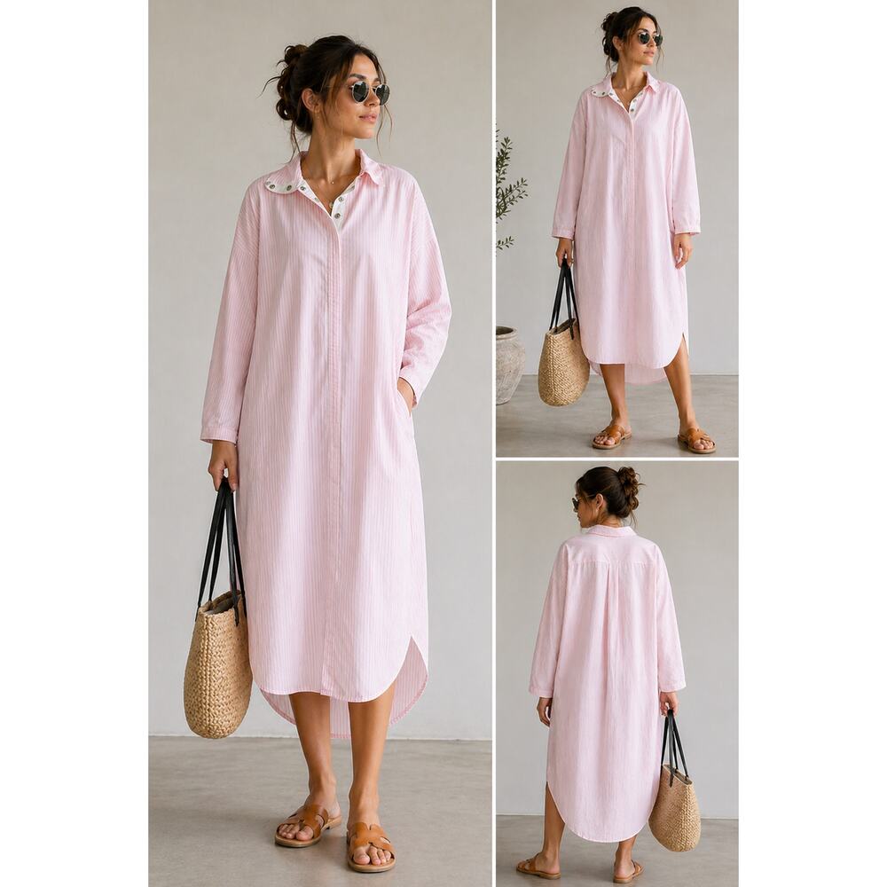 Norma Kamali Pink Stripe Oversized Tunic Dress Resort Minimalist Lagenlook Boho